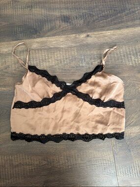 Full Tilt Tan Crop Cami with Black Lace Trim